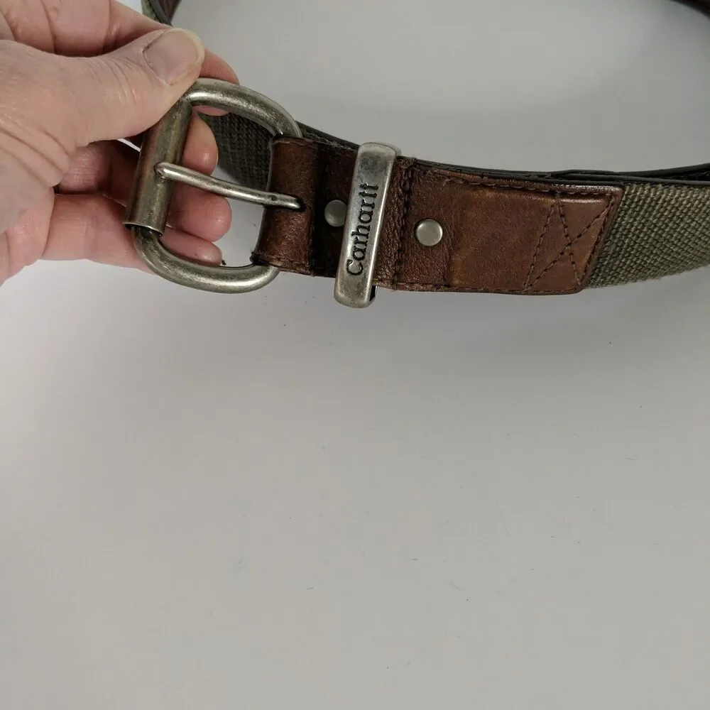 Carhartt Brown Leather Moss Green Canvas Webbing Belt Men Size 46 A159
